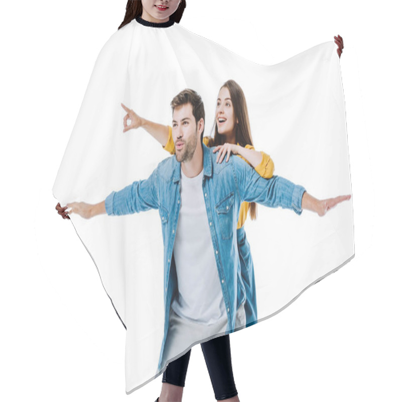 Personality  Young Couple In Denim Imitating Flight And Pointing With Finger Away Isolated On White Hair Cutting Cape