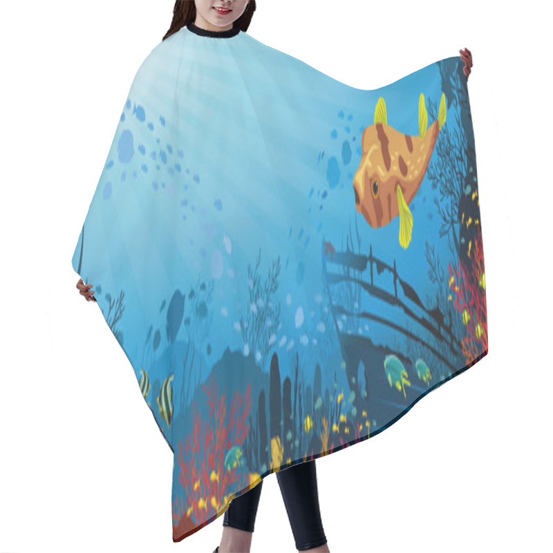 Personality  Coral Reef With Fish, Puffer And Silhouette Of Sunken Ship Hair Cutting Cape