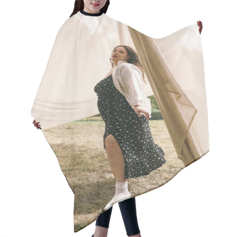 Personality  A Joyful Plus Size Woman Twirls Gracefully In A Sunlit Field Surrounded By Soft Fabrics. Hair Cutting Cape