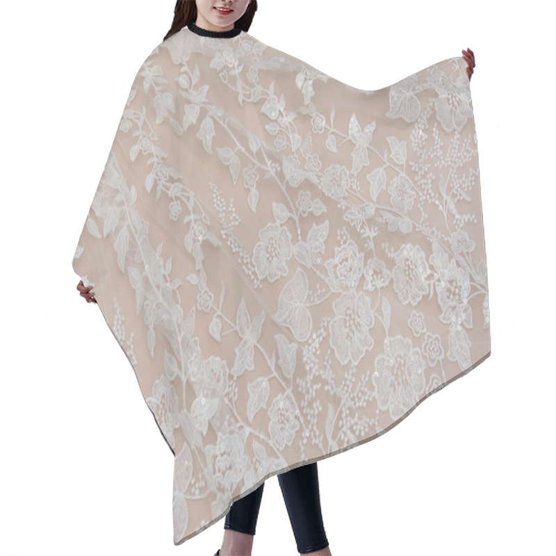 Personality  Texture Lace Fabric. Lace On White Background Studio. Thin Fabric Made Of Yarn Or Thread. A Background Image Of Ivory-colored Lace Cloth. White Lace On Beige Background. Hair Cutting Cape