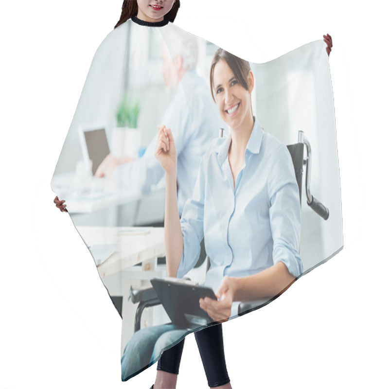 Personality  Happy Office Worker In Wheelchair Hair Cutting Cape