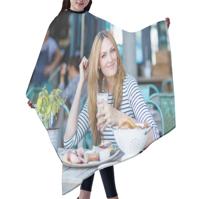 Personality  Young Woman Having Healthy Breakfast In Outdoor Cafe Hair Cutting Cape