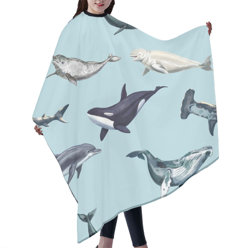 Personality  Watercolor Whales Seamless Pattern. Dolphins, Orca, Narval, Beluga, Whales And Shark Hair Cutting Cape