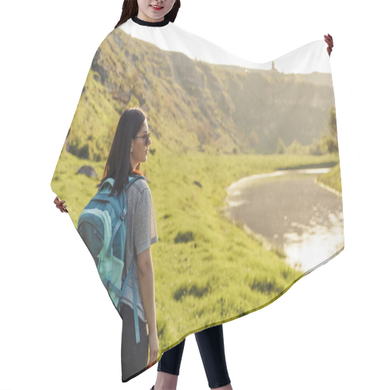 Personality  Traveler Woman With Backpack Looking Landscape View At Nature Green Field At Sunset, Tourism Concept Hair Cutting Cape