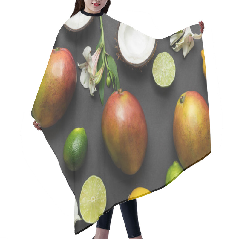 Personality  Top View Of Exotic Fruits With Alstroemeria Flowers On Black Background Hair Cutting Cape