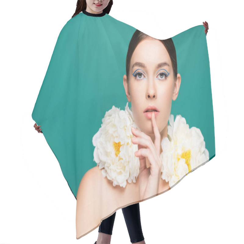 Personality  Charming Woman With White Peonies On Shoulders Looking At Camera Isolated On Green Hair Cutting Cape