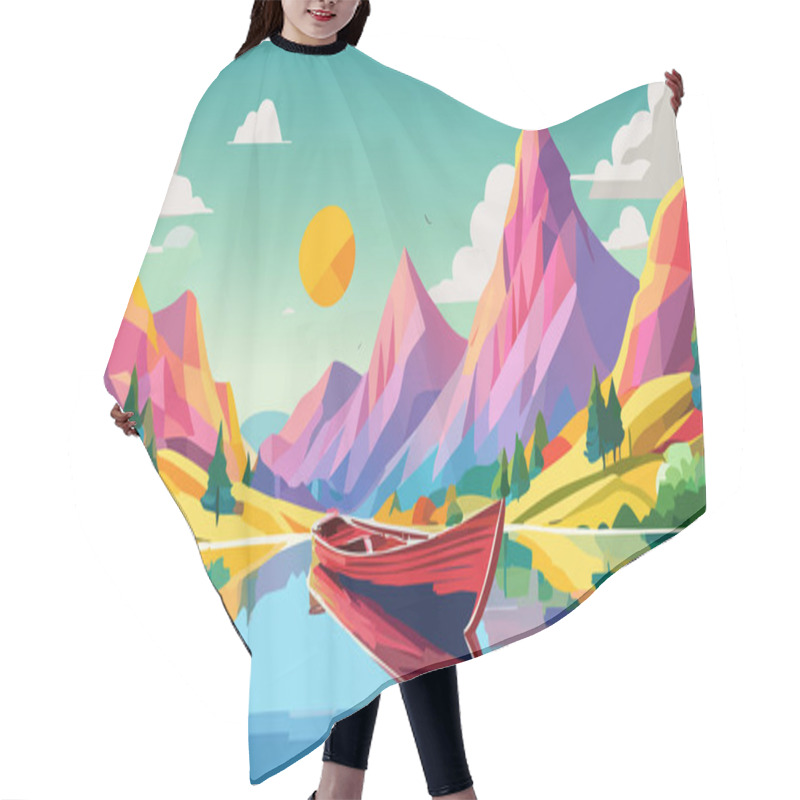 Personality  A Vibrant, Geometric Landscape Painting With A Small Boat On A Calm Lake, Surrounded By Colorful Mountains And A Bright Sky. Hair Cutting Cape