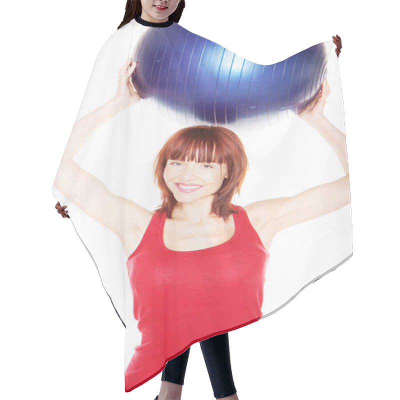 Personality  Smiling Woman Holding Pilates Ball Hair Cutting Cape