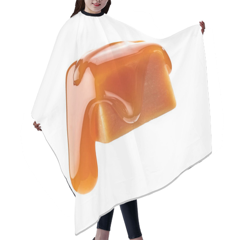 Personality  Caramel Sauce Flowing On Levitating Caramel Candy Isolated On White Background Hair Cutting Cape