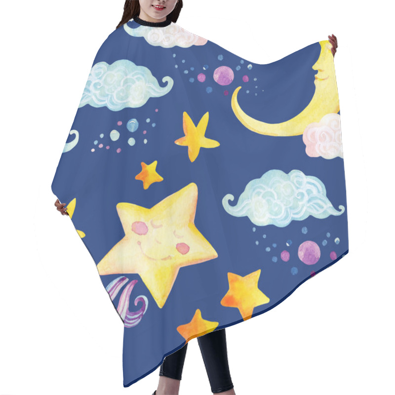 Personality  Watercolor Fairy Tale Seamless Pattern With Magic Sun, Moon, Cute Little Star And Fairy Clouds Hair Cutting Cape