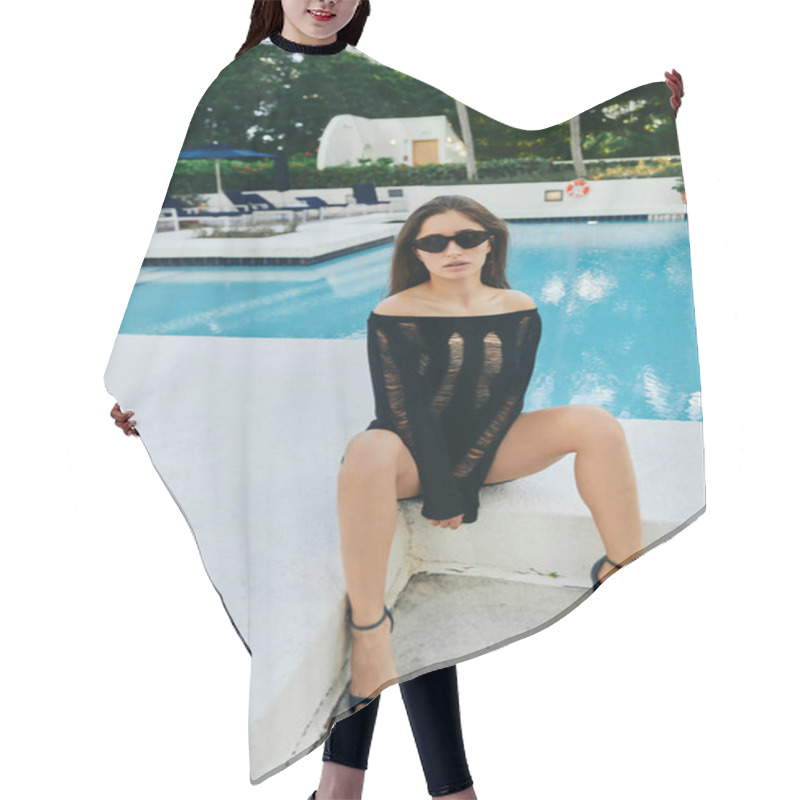 Personality  Luxury Resort, Seductive Brunette Woman In Black Knitted Dress, Sunglasses And High Heels Sitting Next To Outdoor Swimming Pool With Shimmering Water Against Palm Trees In Miami  Hair Cutting Cape