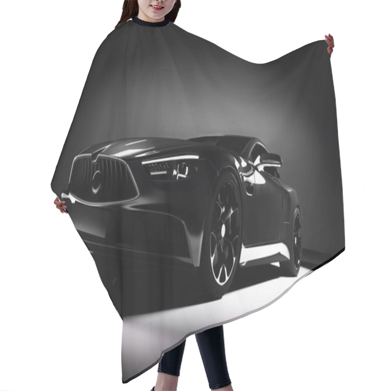 Personality  Modern Black Sports Car In Spotlight On Black Background. Hair Cutting Cape