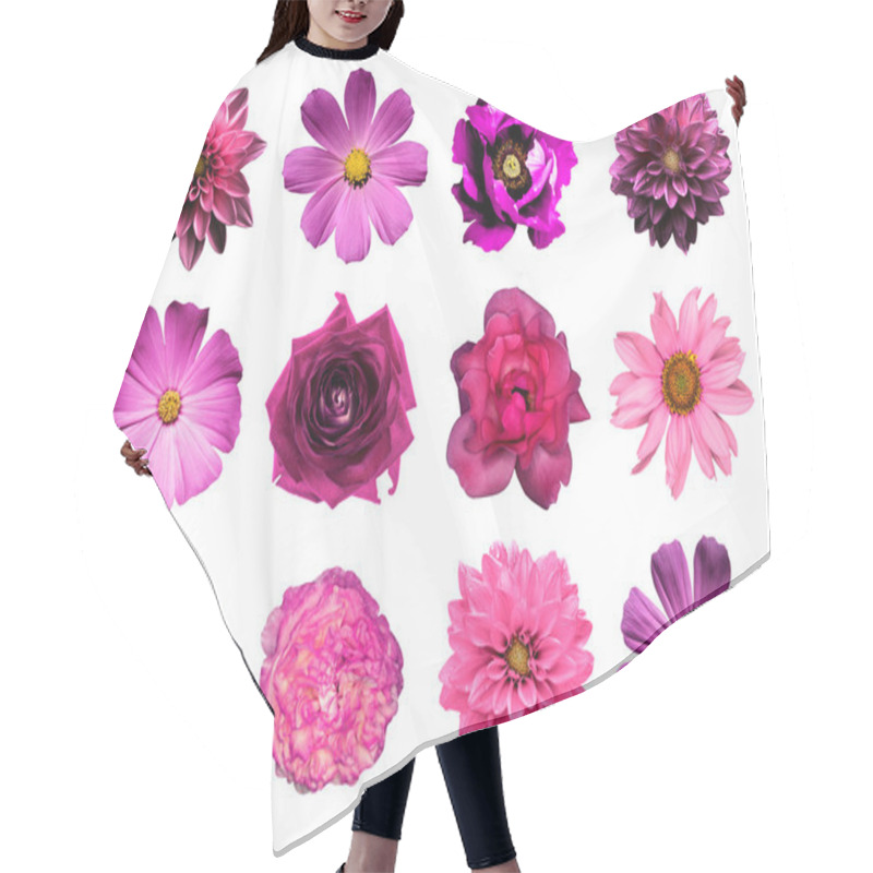 Personality  Mix Collage Of Natural And Surreal Pink Flowers 12 In 1: Dahlias, Primulas, Perennial Aster, Daisy Flower, Roses, Peony Isolated On White Hair Cutting Cape