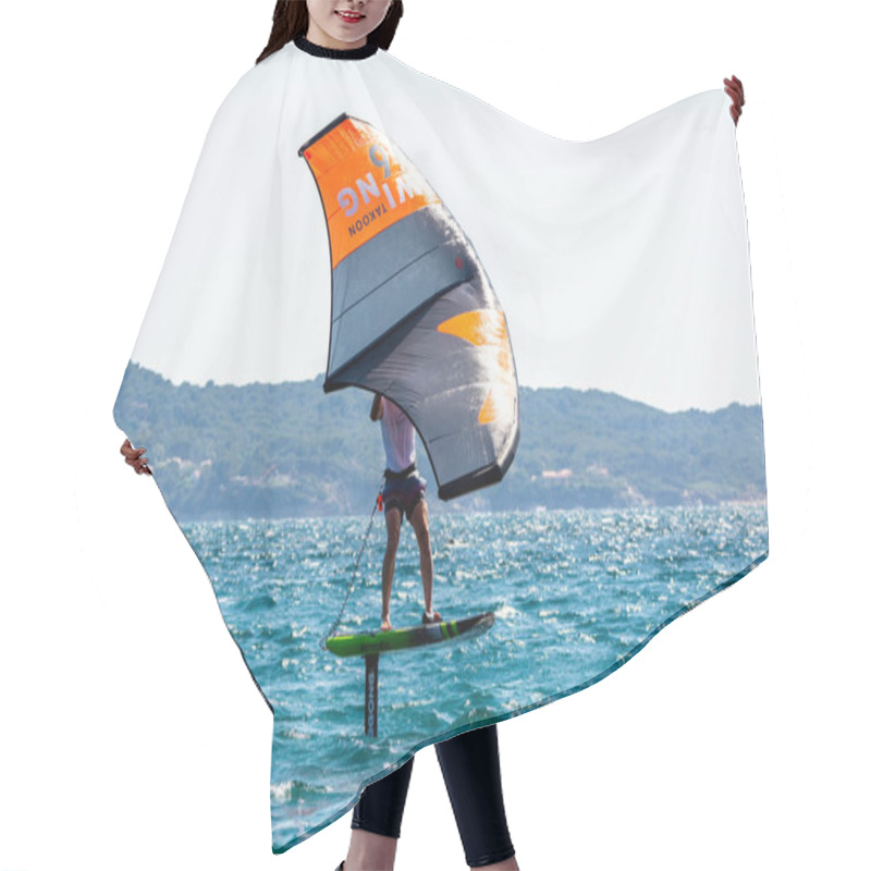 Personality  2021. Extreem Water Sports - Wing Foil, Kite Surfing, Wind Surfindg, Windy Day On Almanarre Beach Near Toulon, South Of France Hair Cutting Cape