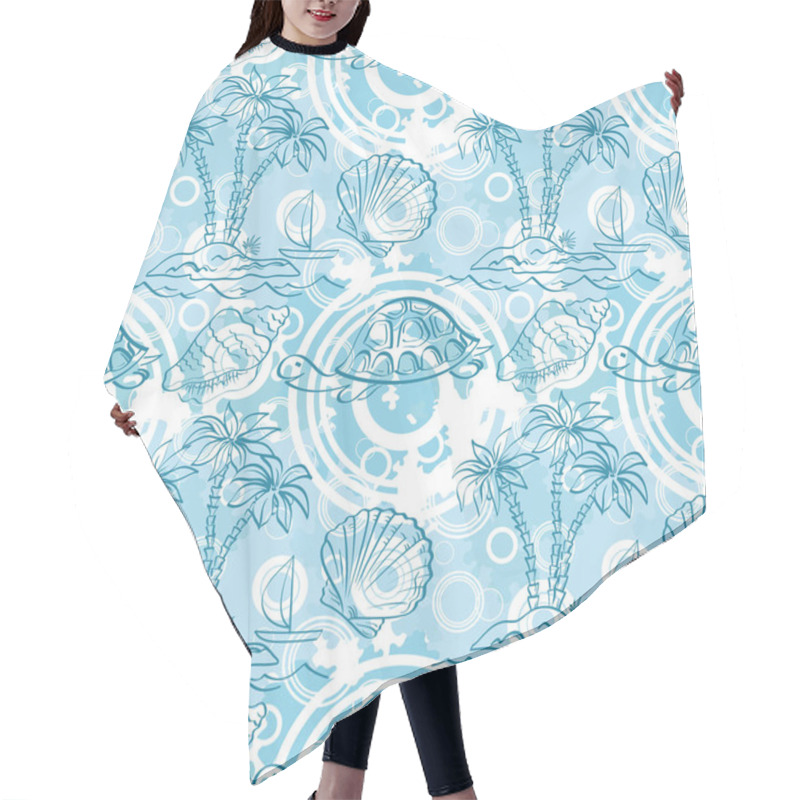 Personality  Seamless White And Blue Pattern. Sea Island With Palm Trees, Boat, Turtles, Shells, Contours. Hair Cutting Cape