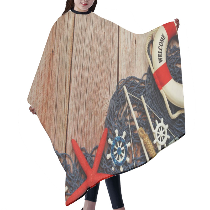 Personality  Marine Items Nautical Decoration With Space Copy On Wooden Background Hair Cutting Cape