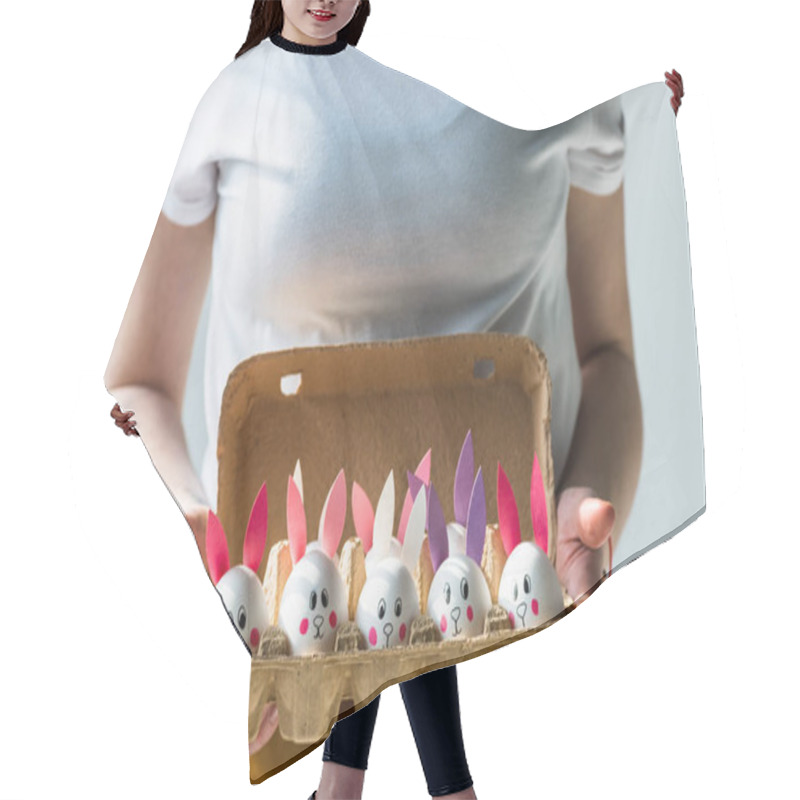 Personality  Partial View Of Woman Holding Egg Tray With Chicken Eggs With Funny Bunny Faces And Paper Ears Isolated On White Isolated On Grey Hair Cutting Cape