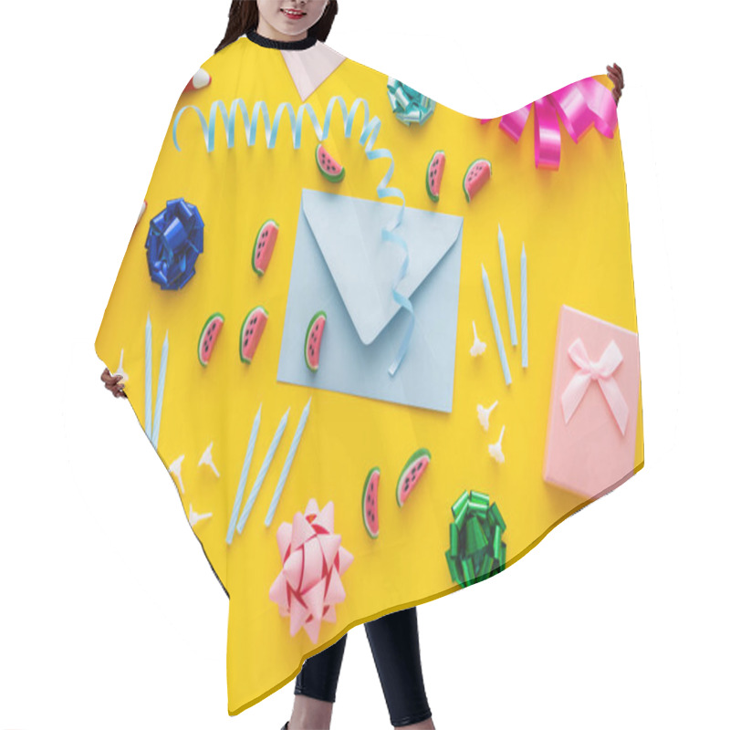 Personality  Top View Of Present Near Envelope And Party Caps On Yellow Background  Hair Cutting Cape