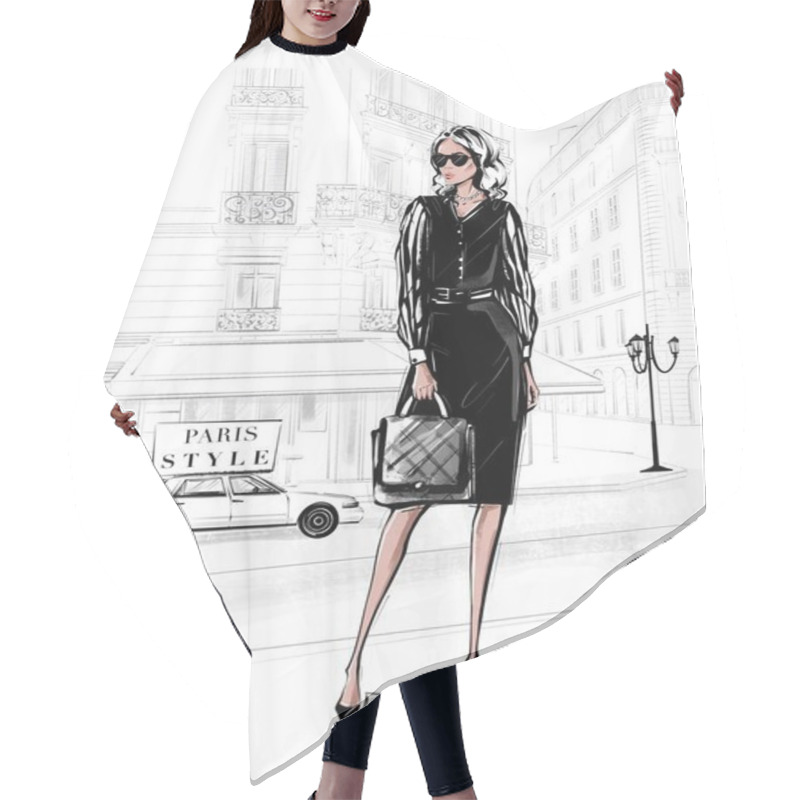 Personality  Hand Drawn Beautiful Young Woman In Black Dress. Fashion Woman With Bag. Girl In Black Shoes With Paris Street Background. Sketch. Fashion Illustration. Hair Cutting Cape