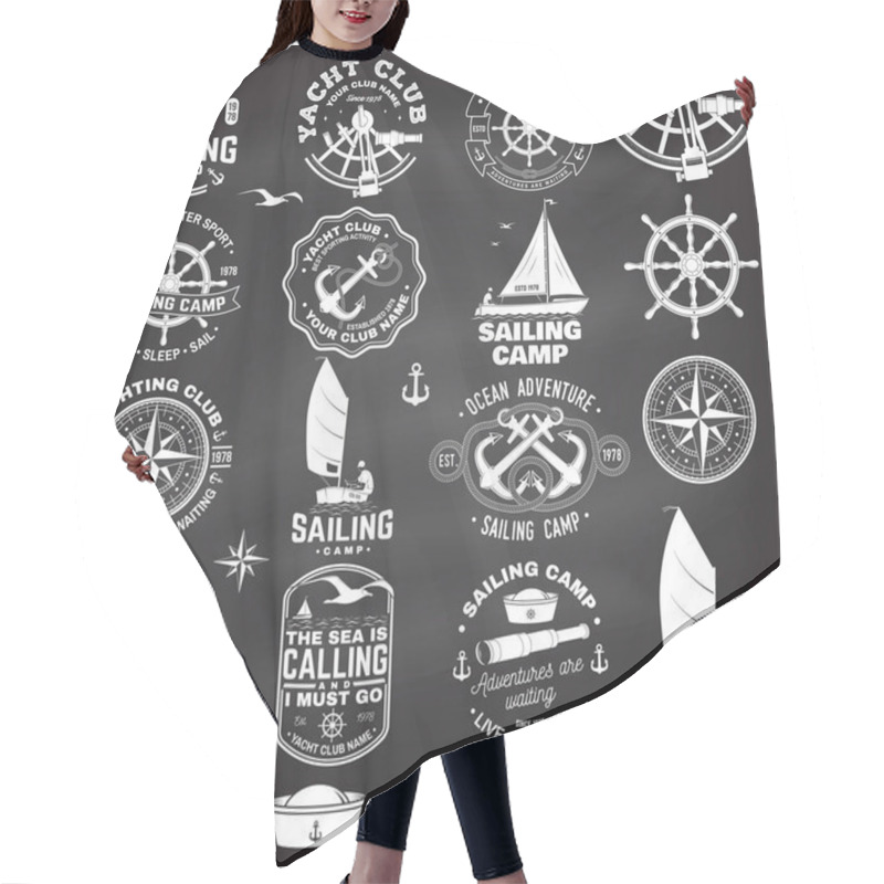 Personality  Set Of Sailing Camp And Yacht Club Badge. Vector. Concept For Shirt, Print Or Tee. Vintage Typography Design With Black Sea Anchors, Hand Wheel, Compass And Sextant Silhouette. Hair Cutting Cape