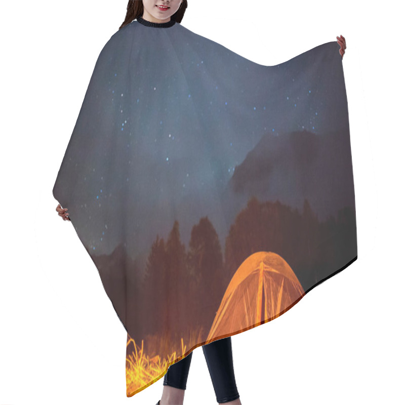 Personality  Tourist Tents Are In The Meadow At Night In The Mountains Against The Starry Sky Hair Cutting Cape