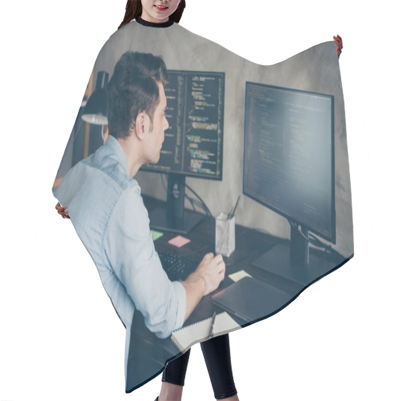 Personality  Back Rear Spine View Photo Of Focused Guy It Specialist Sit Desktop Work Computer Testing New Operating System Wear Denim Jeans Shirt In Modern Workstation Workplace Hair Cutting Cape