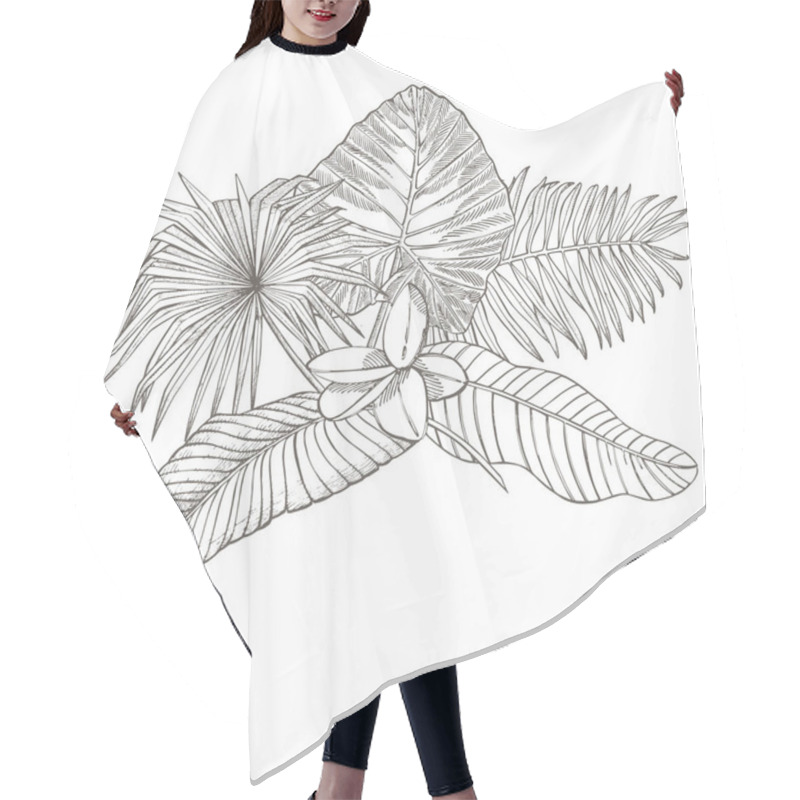 Personality  Tropical Palm Leaves. Graphic Illustration. Engraved Jungle Leaves And Flowers Plumeria. Hair Cutting Cape