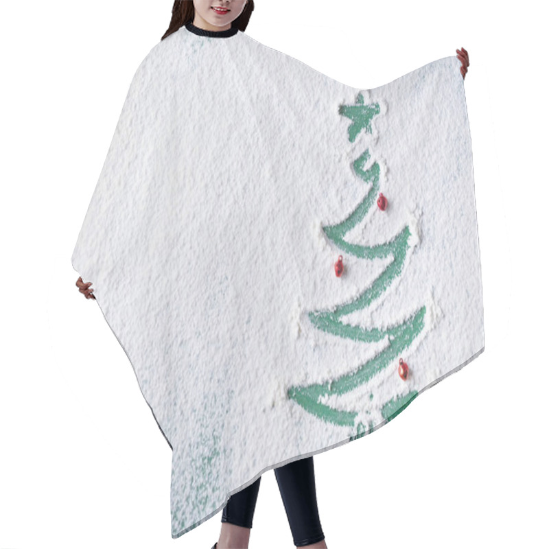 Personality  Christmas Tree Painted On Flour Green Background And Place For Writing Text With Small Toys. View From Above. Hair Cutting Cape