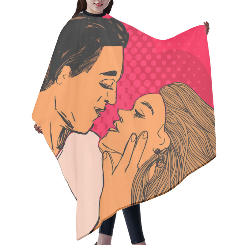 Personality  Couple In Love, Young Woman And Man Want To Kiss Each Other. Vector Valentines Day Pop Art Style Illustration. Hair Cutting Cape