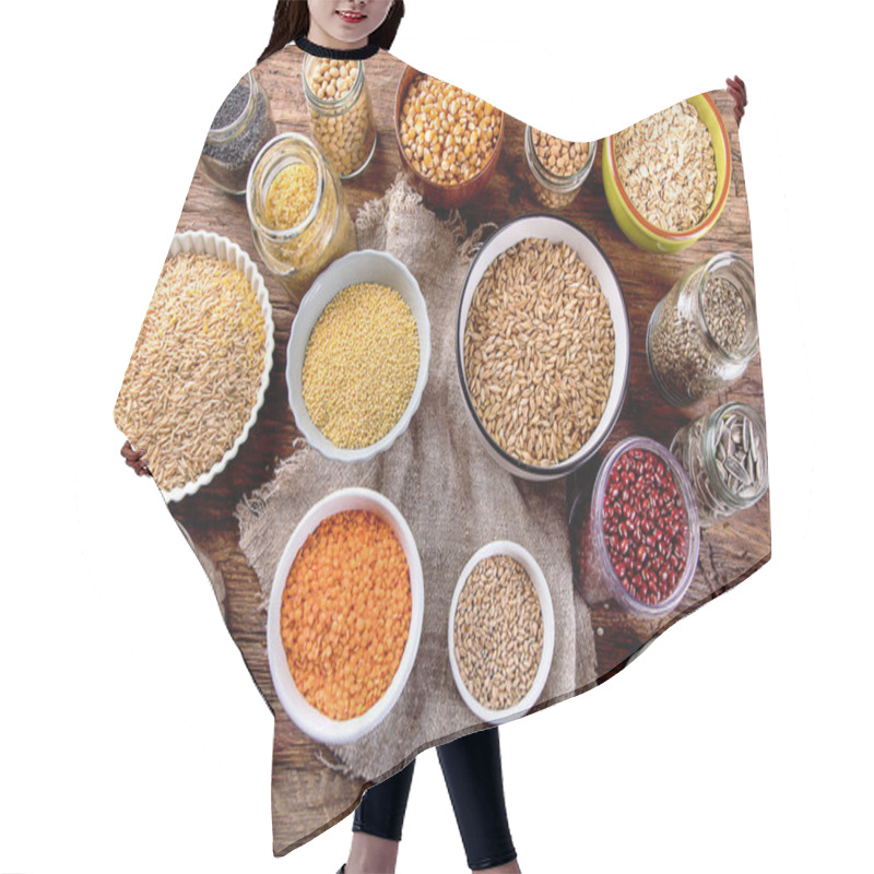 Personality  Ancient Grains, Seeds, Beans On Wooden Background. Top View Hair Cutting Cape