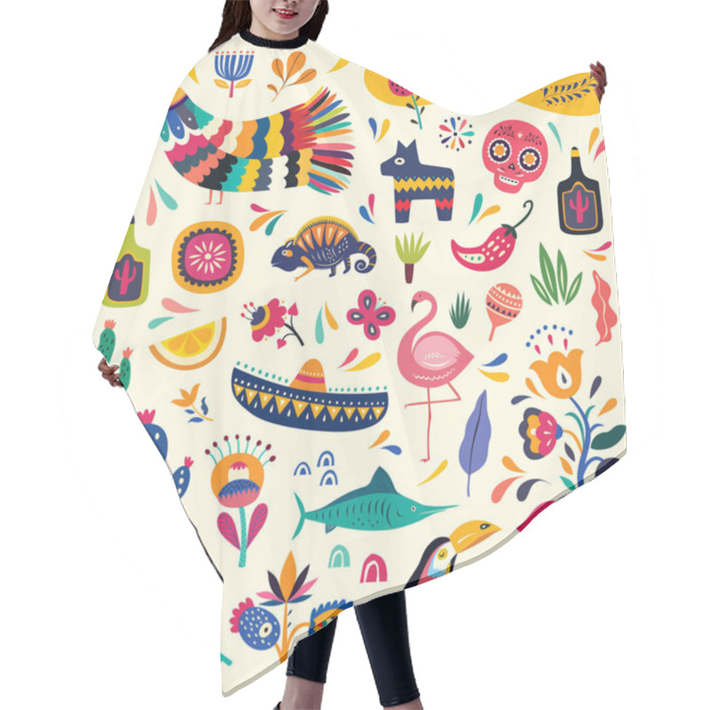 Personality  Mexican Collection With Symbols Of Mexico. Mexican Decorative Vector Pattern. Traditional Mexican Symbols And Decorative Elements. Stylish Artistic Mexican Pattern For Decoration Of Party And Holidays Hair Cutting Cape