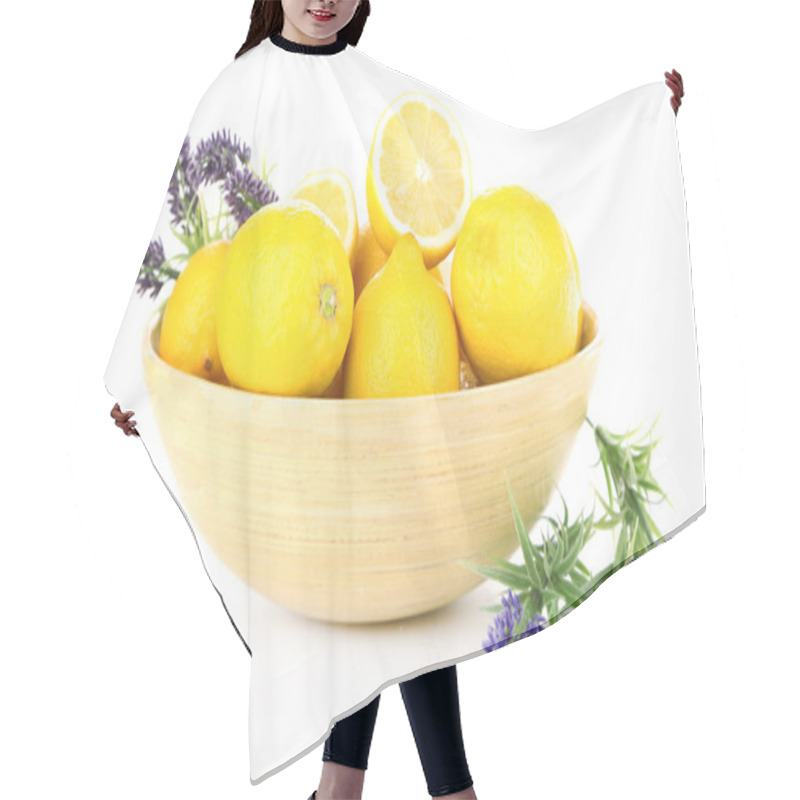 Personality  Still Life With Fresh Lemons And Lavender, Isolated On White Hair Cutting Cape