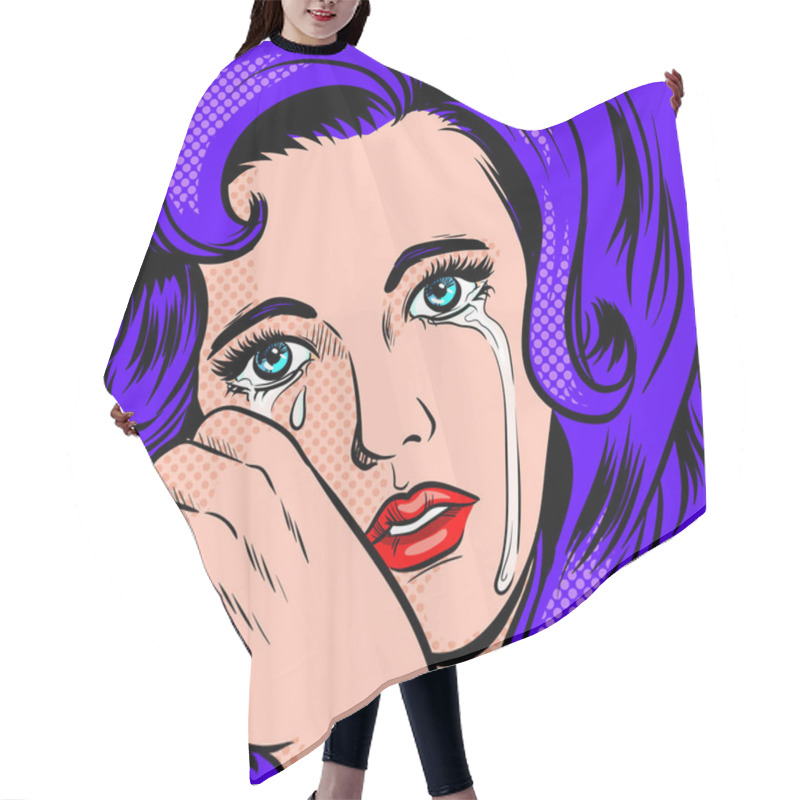 Personality  Sad Girl Crying Pop Art Style Raster Illustration Hair Cutting Cape