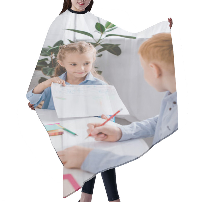 Personality  Selective Focus Of Adorable Kids Drawing Pictures At Table In Classroom Hair Cutting Cape