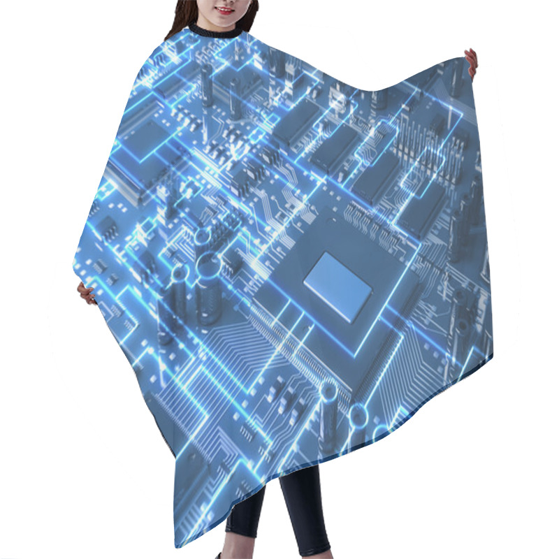 Personality  Fantasy Circuit Board Or Mainboard With Glowing Schemes. Top View. 3d Illustration Hair Cutting Cape