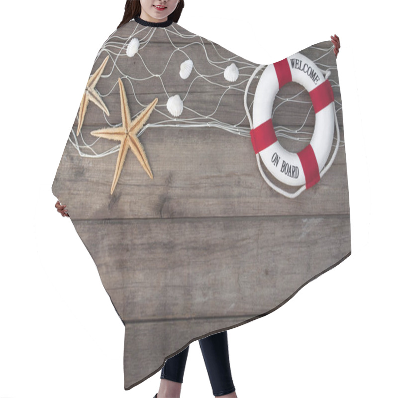 Personality  Maritime Decoration With Shells, Starfish, Sailing Ship, Fishing Net On Blue Drift Wood Hair Cutting Cape