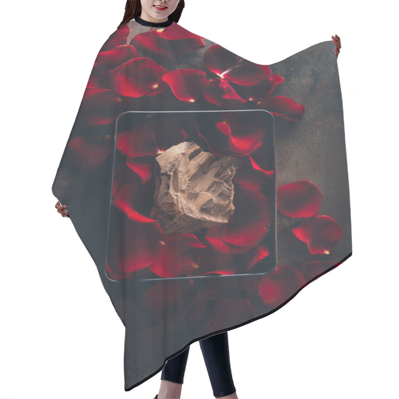 Personality  Top View Of Box With Red Rose Petals And Delicious Piece Of Chocolate Hair Cutting Cape