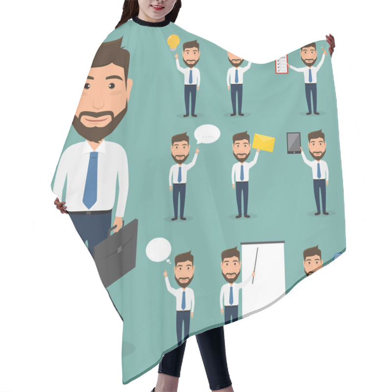 Personality  Set Of Business Man Character At Office Work. People Character. Hair Cutting Cape