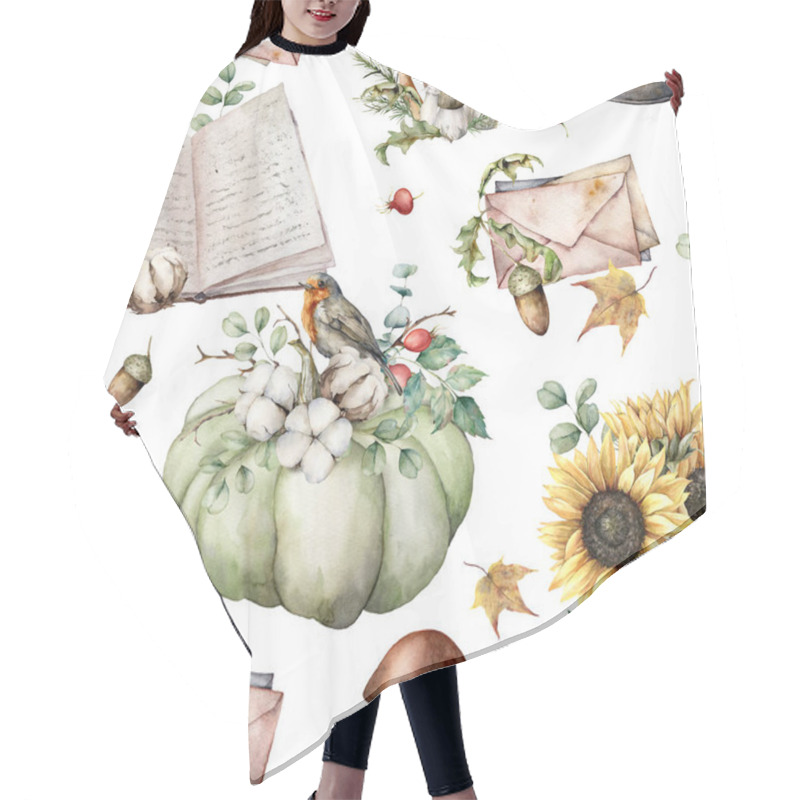 Personality  Watercolor Autumn Seamless Pattern With Birds, Books, Pumpkins, Mushrooms, Sunflowers And Envelopes. Hand Painted Plants Isolated On White Background. Illustration For Design, Print Or Background. Hair Cutting Cape