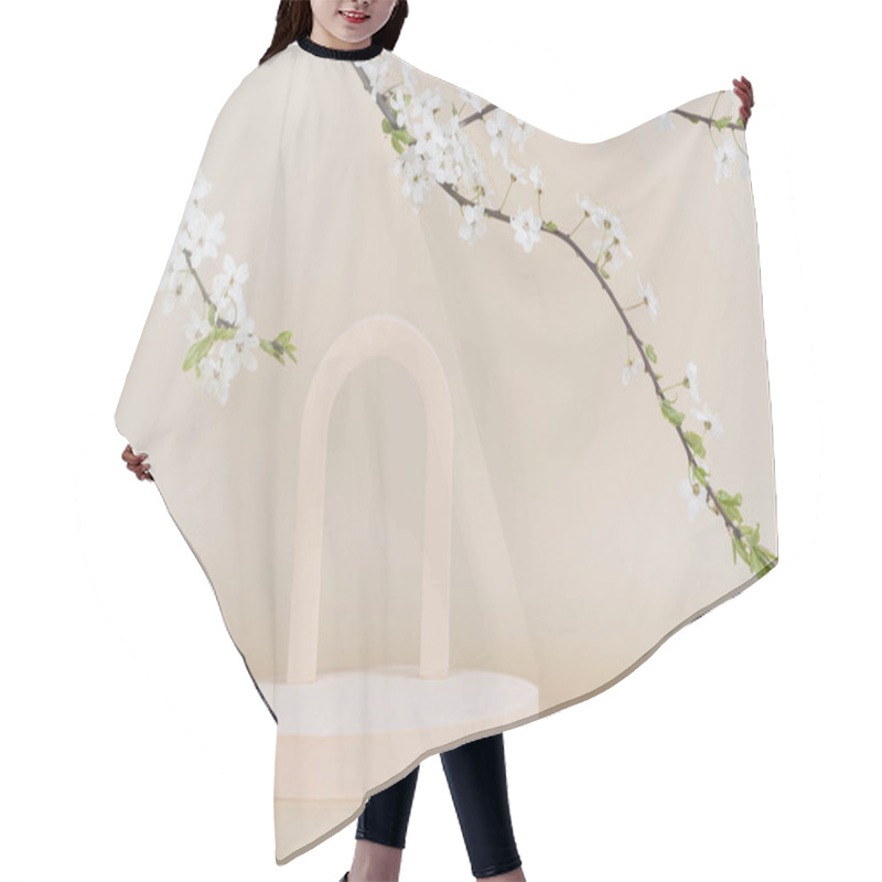 Personality  Podium Platform For Product Presentation And Spring Flowering Tree Branch With White Flowers On Pastel Background Hair Cutting Cape