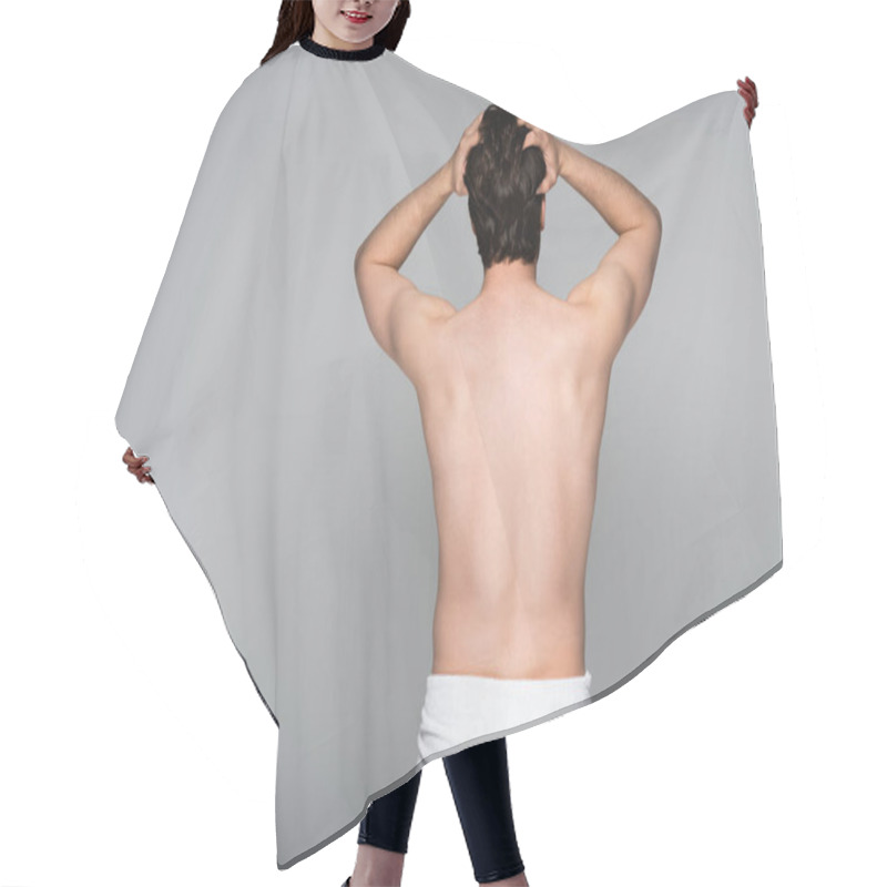 Personality  Back View Of Shirtless Man Wrapped In Towel Adjusting Hair Isolated On Grey  Hair Cutting Cape