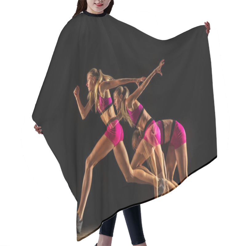 Personality  Professional Female Relay Racer Training On Black Studio Background In Mixed Light Hair Cutting Cape