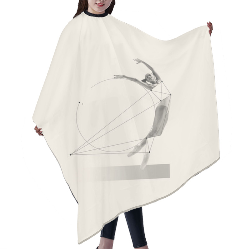 Personality  Contemporary Art Collage With Young Beautiful Ballering Performing Isolated Over Grey Background. Line Art, Geometric Figures Design. Concept Of Classic Dance Style, Art, Show, Beauty, Inspiration Hair Cutting Cape