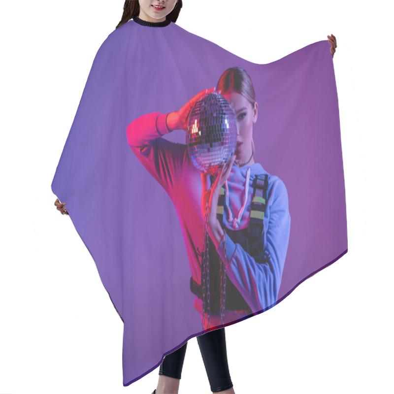 Personality  Young And Stylish Woman Covering Face With Shiny Disco Ball On Purple Hair Cutting Cape