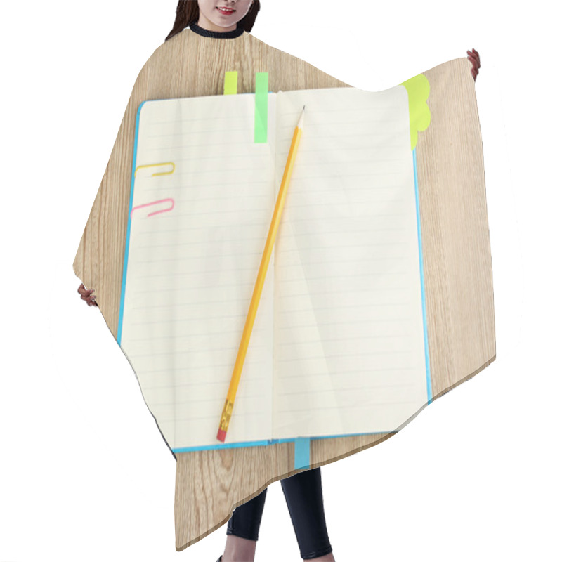 Personality  Open Note Book With Stickies And Pencil On Wooden Background Hair Cutting Cape