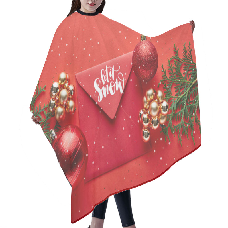 Personality  Top View Of Shiny Christmas Decoration, Envelope With Let It Snow Illustration And Thuja Hair Cutting Cape