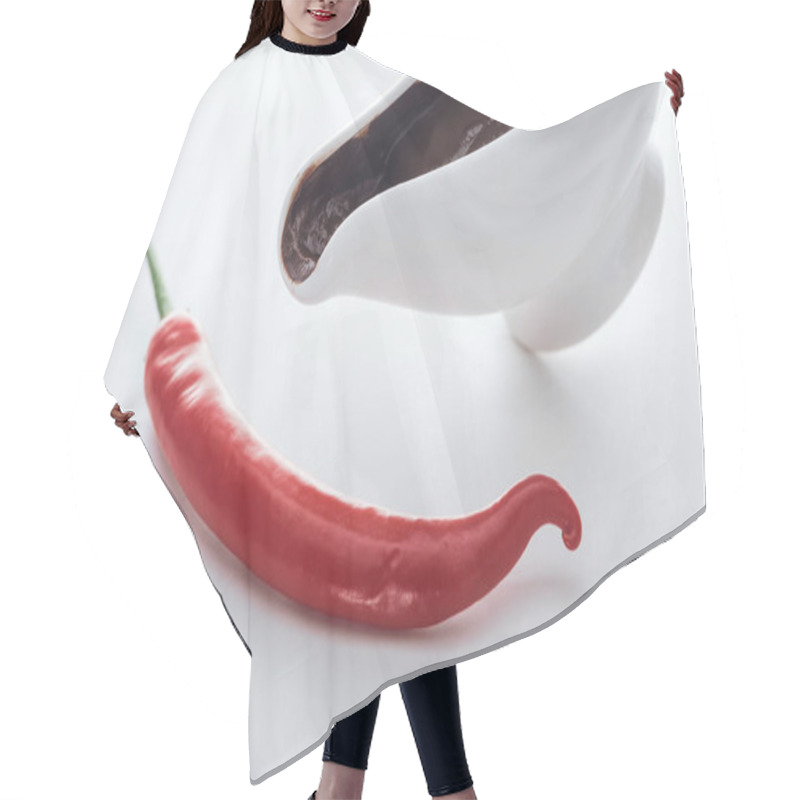 Personality  High Angle View Of Chili And Sauce Boat With Melted Chocolate On White Background  Hair Cutting Cape