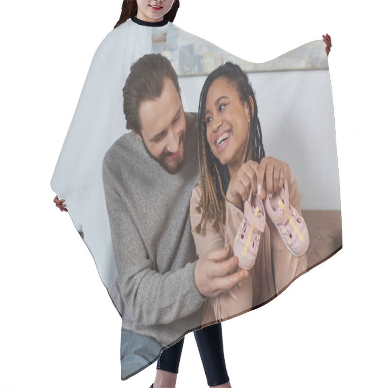 Personality  Happy African American Woman Holding Tiny Baby Shoes Near Husband, Future Parents, Expectation, Cute Hair Cutting Cape