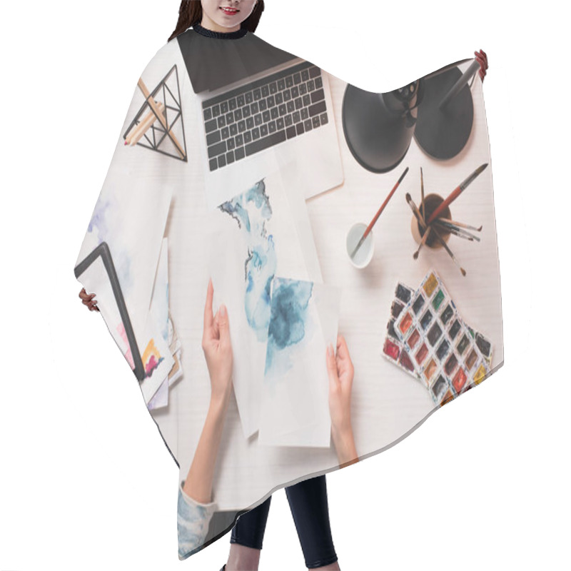 Personality  Office Desk With Laptop, Art Supplies And Cropped View Of Designer Holding Drawings, Flat Lay Hair Cutting Cape