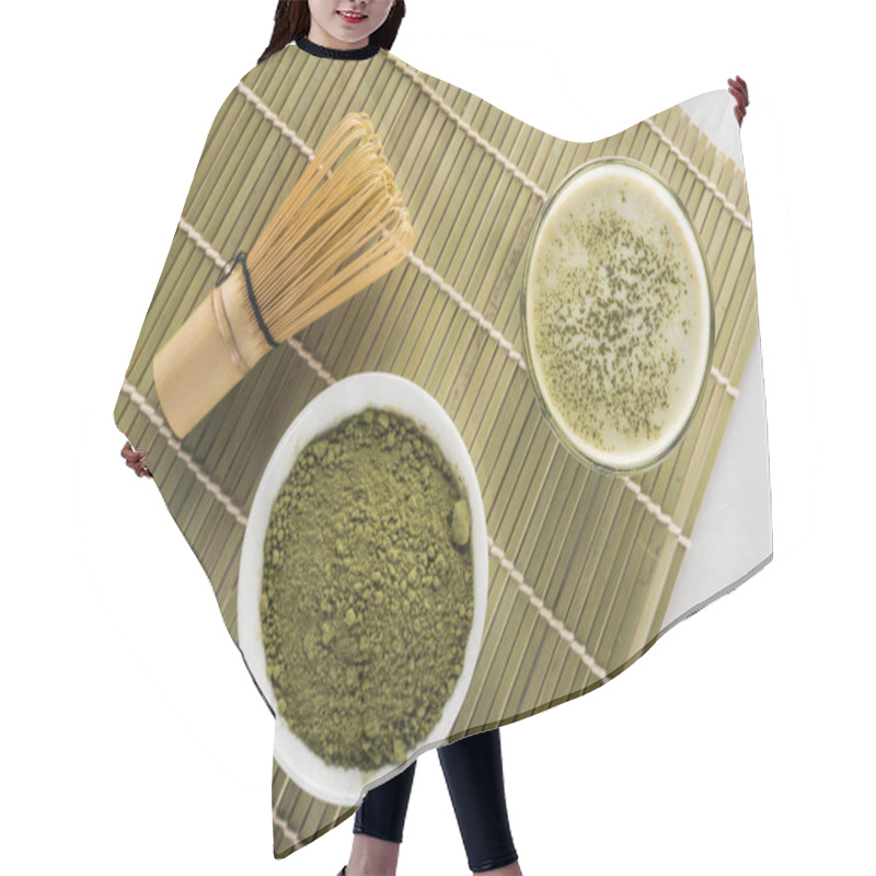 Personality  Top View Of Green Matcha Tea Powder And Drink In Glass On Bamboo Mat Hair Cutting Cape